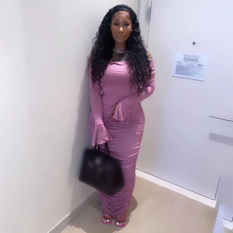 Purple Ruched Long Dresses Women Lady Fall 2021 Office Party Flare Sleeve Off Shoulder Sexy Maxi Elegant Casual Dress