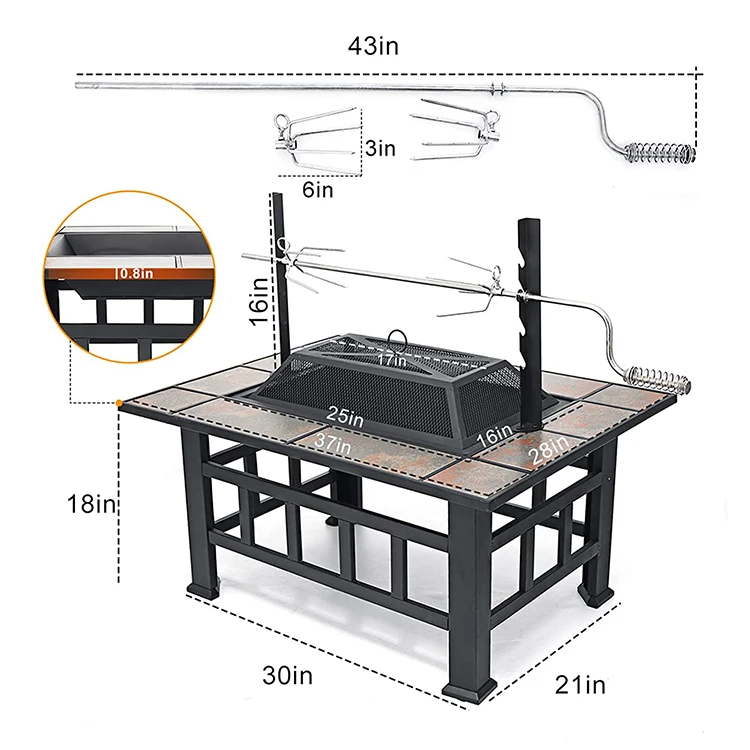 Square Metal Outdoor Fire Pit Table Wood Burning Fire Pit With Swivel Grill Axle For Patio Backyard Garden