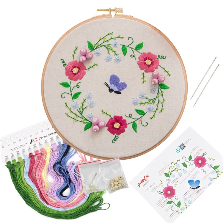 High Quality Yiwu Textile Fabric Crafts Custom Flower Pictures Simple Hand DIY 3 In 1 Embroidery Kit With 8 Inch Plastic Hoop