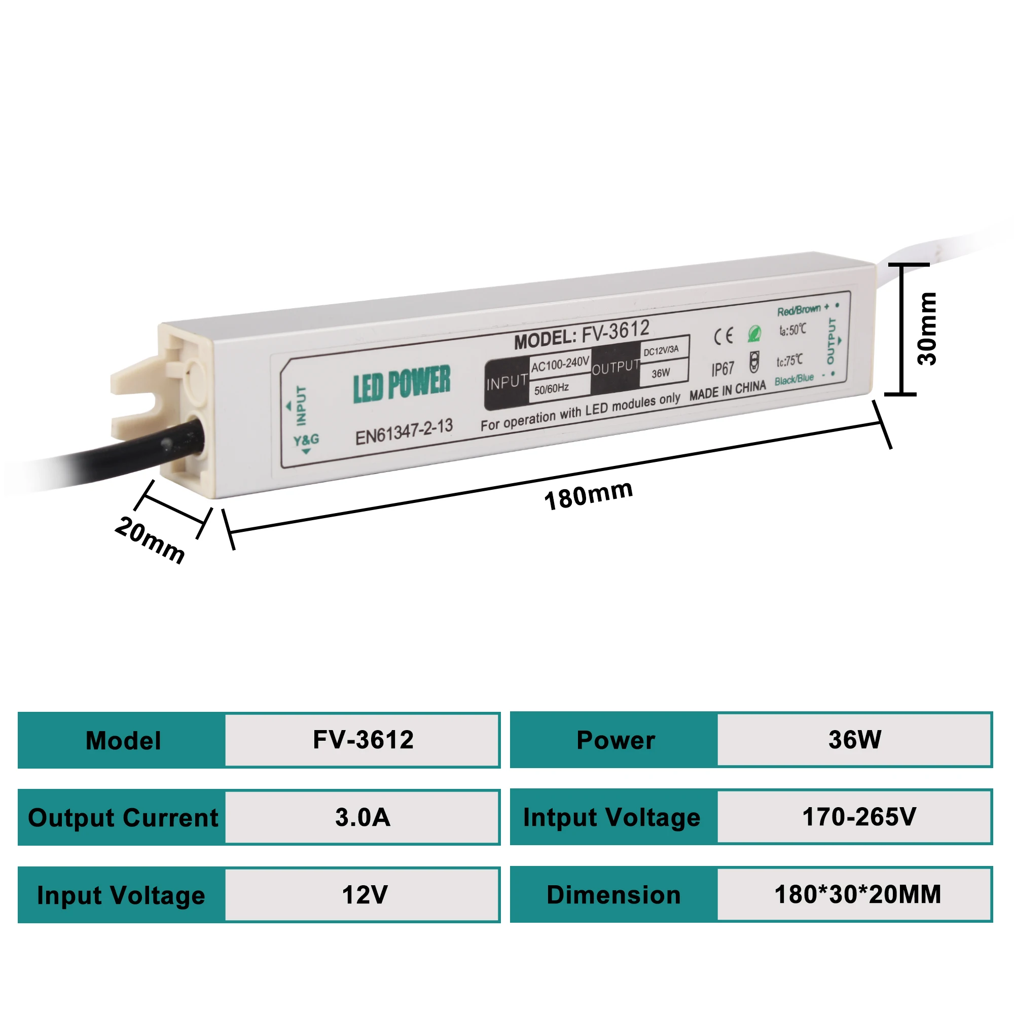 CE RoHS LED power adapter Waterproof IP67 AC LED driver 12V 36W switching led power supply