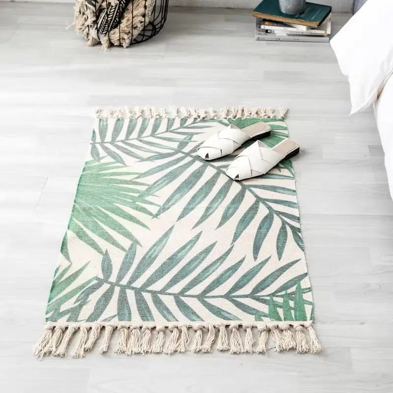 60*90cm Boho Geometric Plant Flower Animal Printed Rug Decorative Cotton Rope Hand Woven Floor Mat with Tassels