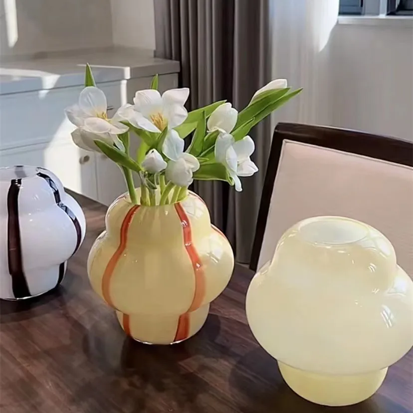 white glass vaseer with texture stripes translucent ice cream handblown bud hydroponics vase home office living room decor