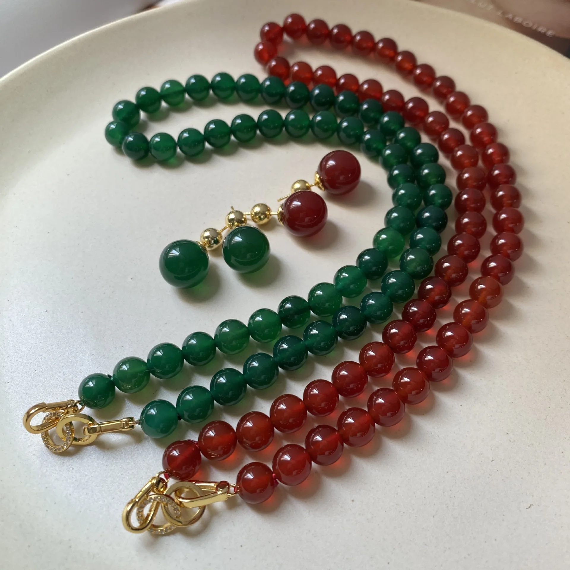 New Chinese Agate Beaded Advanced Elegant Charm Style Color Contrast Disc Necklace Sweater Chain