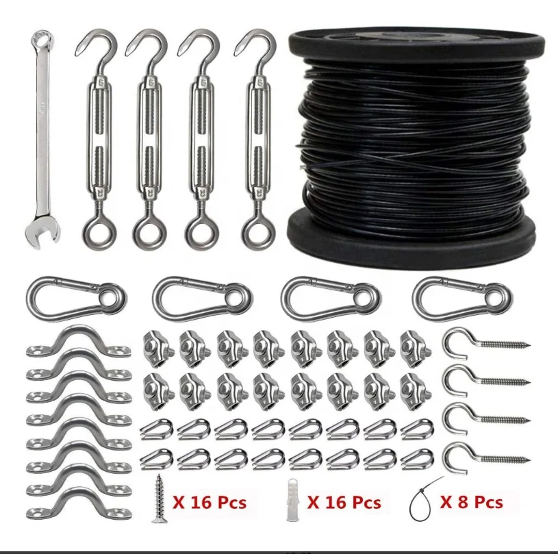 String Light Suspension Kit with Stainless Steel 150fts PVC Coated Wire Rope,Turnbuckle and Hooks