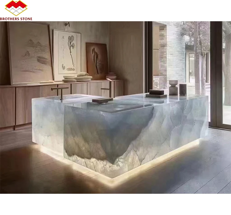 Customization Natural Stone White Onyx Marble Kitchen Island Dining Table Countertop for Villas and Hotel