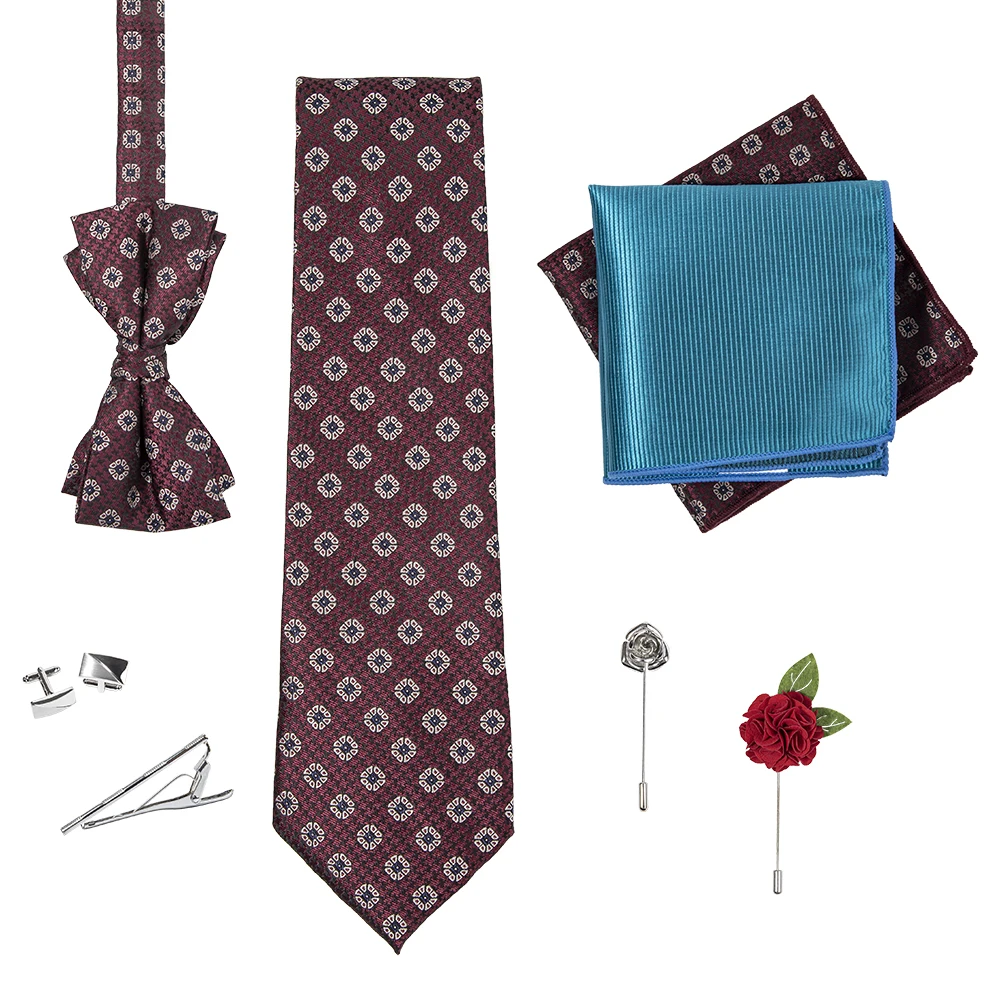 8pcs Wine Black Houndstooth Beige Flower Pattern Polyester Necktie Bowtie Pocket Square Flower Lapel Metal Pin Tie Bar Cufflink