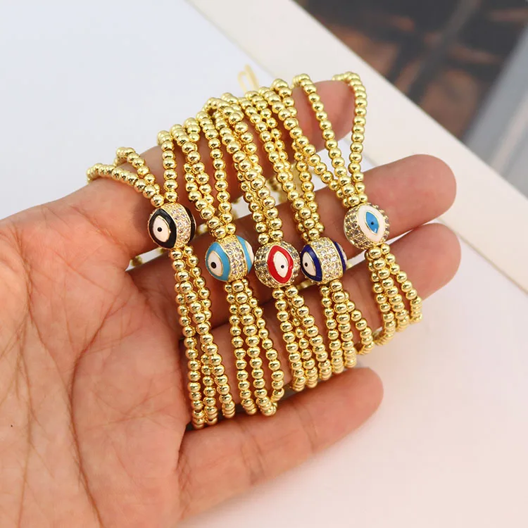 BC3037 Triple Layer Multi-row 3mm Tiny 18K Gold Plated Ball Beaded CZ Pave Enamel Evil Eyes Bead Macrame Bracelets for Women