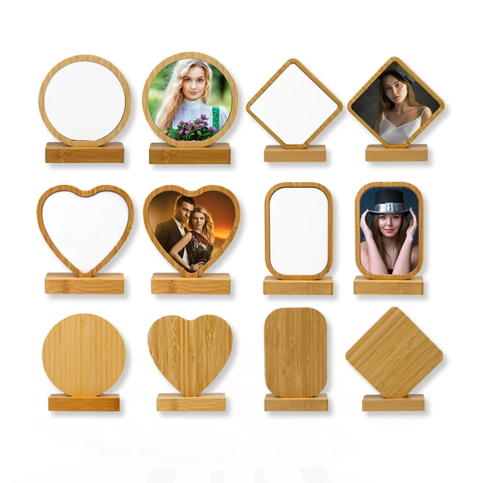 Desk Top 360 Rotate Rhomboid Sublimation Aluminum Photo Frame Magnetic Wood Base Crafts Bamboo Photo Frames with White Box Gifts