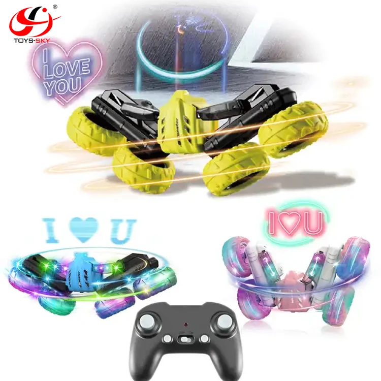 2.4G Flowering dazzling letter Led Light Up Top and Bottom Wheels Double Sided Remote Control Climbing Stunt Toy Car 360 Flip