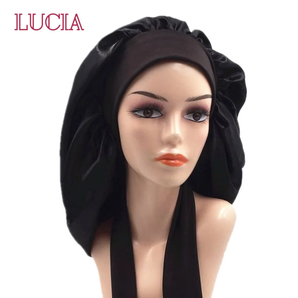 Long Tube Night Hat Three-piece Wide Rubber Band Satin Headgear Home Hair Care Long Tail Hat Cross-border