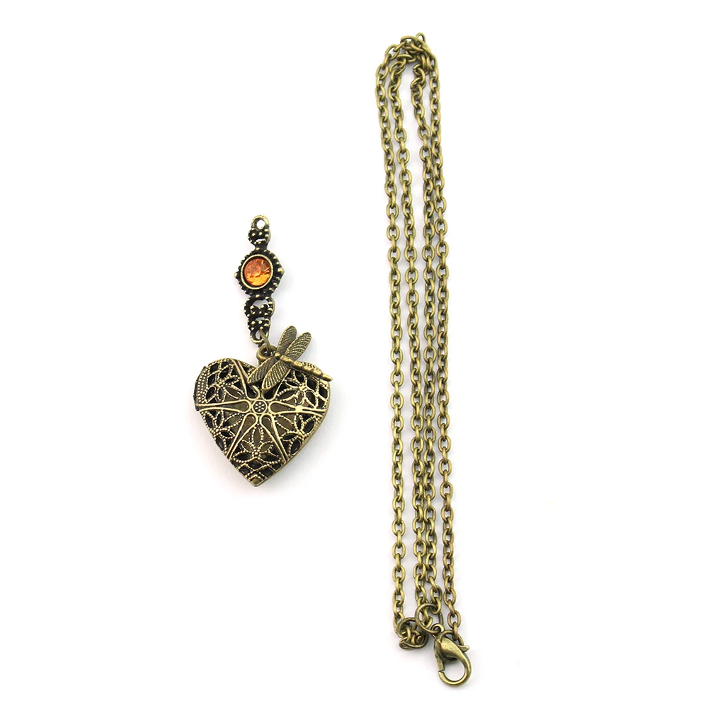 Outlander Dragonfly in Amber Crystal Celtic Heart Locket Necklace