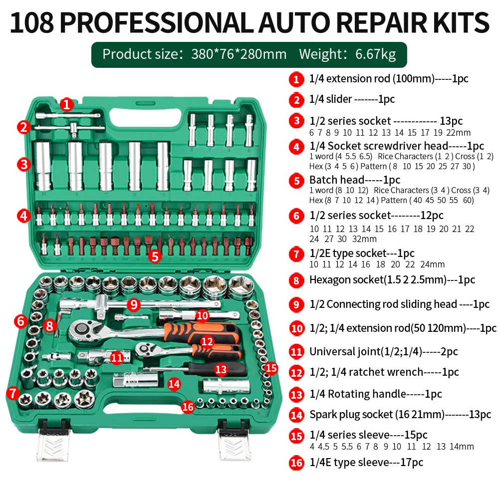 108Pcs Car Repair Tool Set 72T 1/2 1/4 Socket Ratchet Wrench Hand Maintenance Kits Toolbox Socket Set Universal Joint Accessory