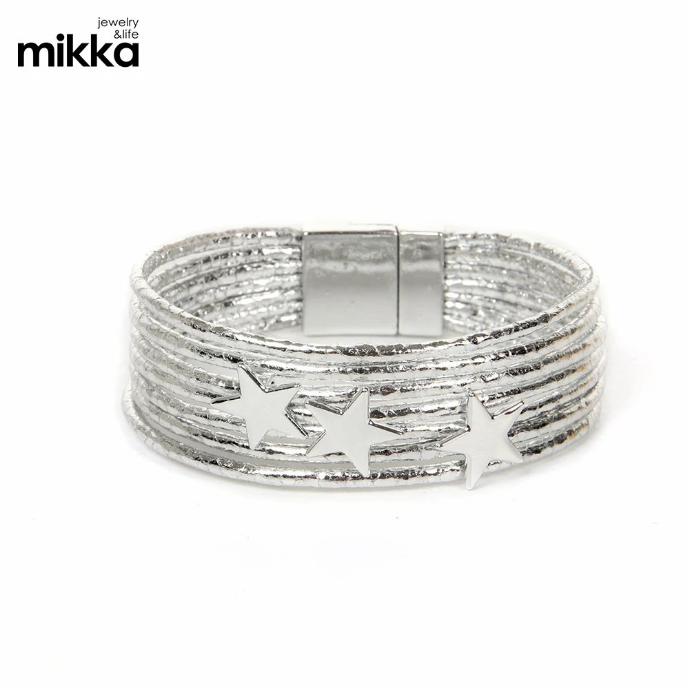 Multiple Layer Star Charms PU Leather Handmade Magnetic Clasp Bracelet for Women Jewelry Gift