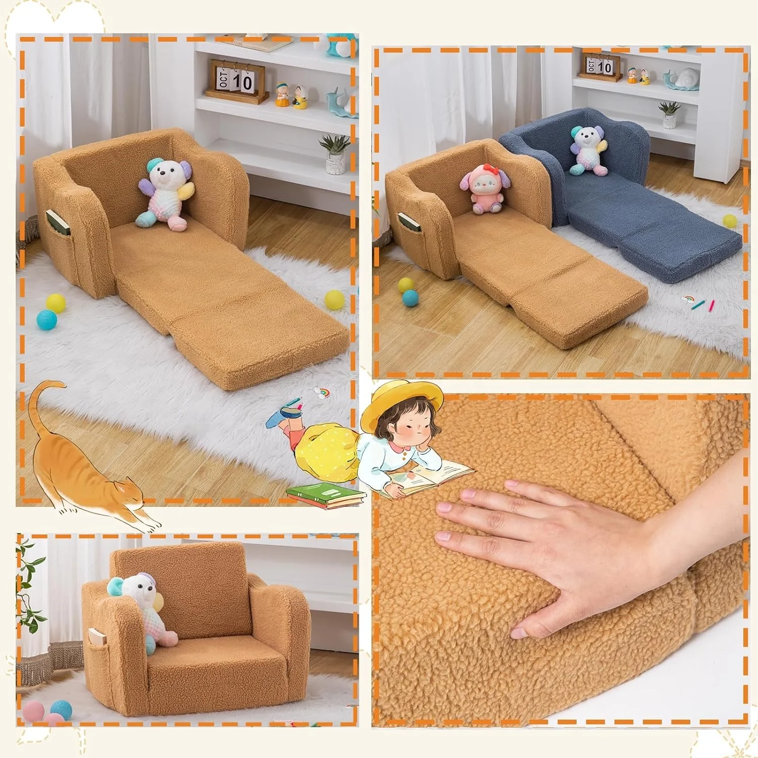 Toddlers 1-3 Memory Foam Kid Play fold flip out kids sofa