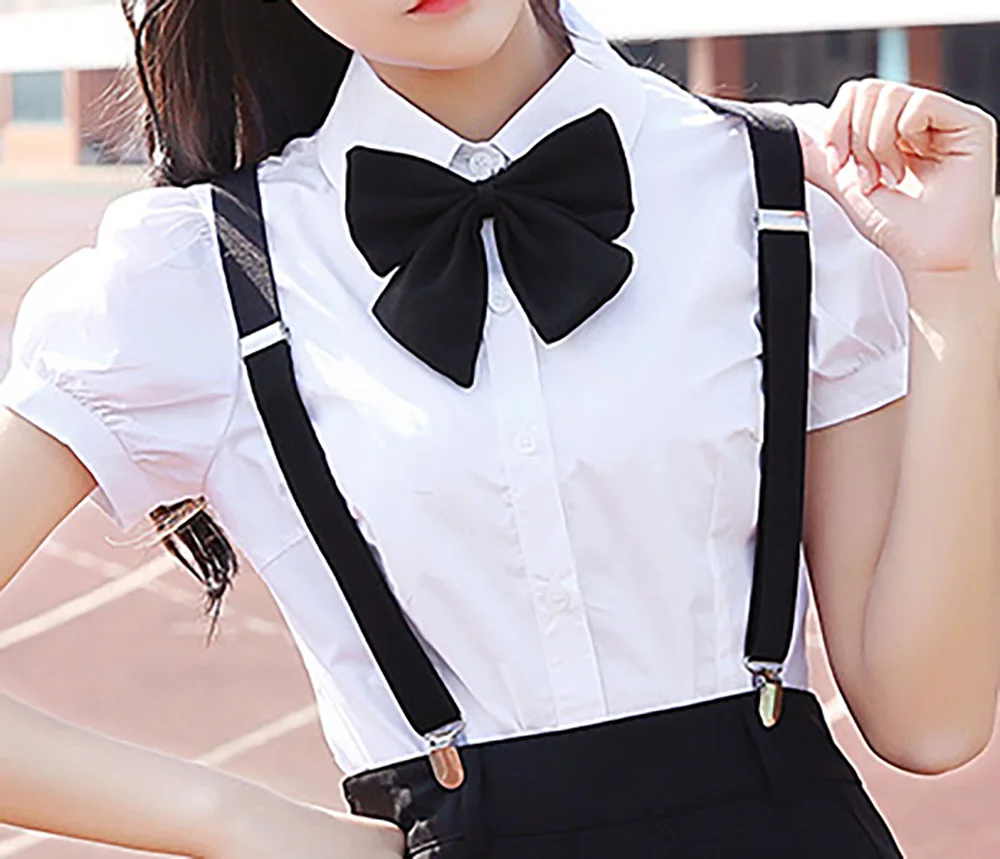 Женская униформа на подтяжках 2,5 см, комплект с бантом, красная, Синяя женская школьная форма для косплея, праздничный шейный платок, подтяжки, рубашка, юбка, аксессуар