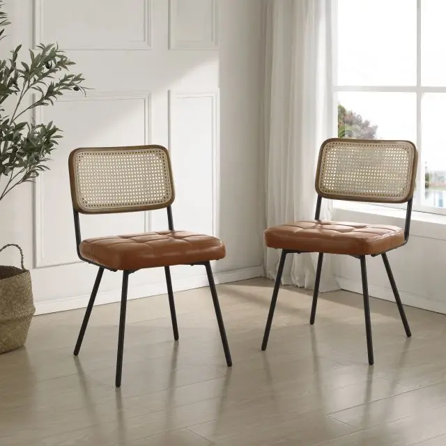 Wood Rattan Armless Rattan Back Black Wood Frame Dining Chairs Set of 2 Genuine Leather Upholstered Kitchen Chairs