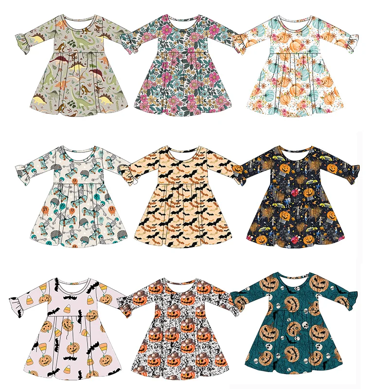 New Arrival Halloween Prints  Round Neck Long Sleeve with Ruffle Knee-Length Dress for Baby Girls Soft Bamboo Fabric Kid Clothes