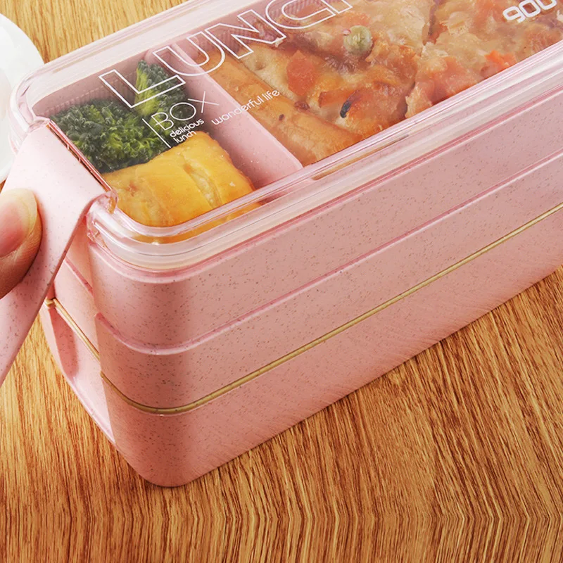 3 Layer Wheat Straw Bento Box With Spoon Fork Microwave Japanese Lunch Box For Adults Kids