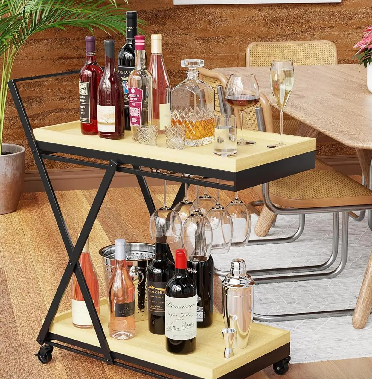 New design Rolling bar cart on wheels with wooden serving tray Collapsible home drink bar cart for kitchen