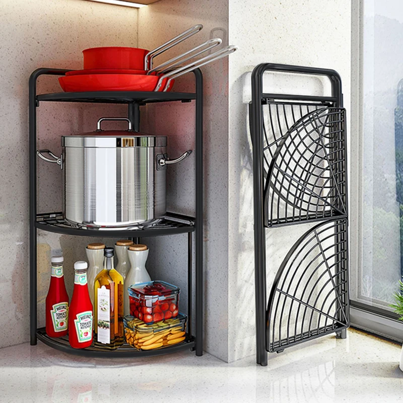 
Metal Kitchen Corner Rack Carbon Steel Storage Shelf Foldable Stand Wire Holder Organizer Living Room Bedroom Bathroom Floor 