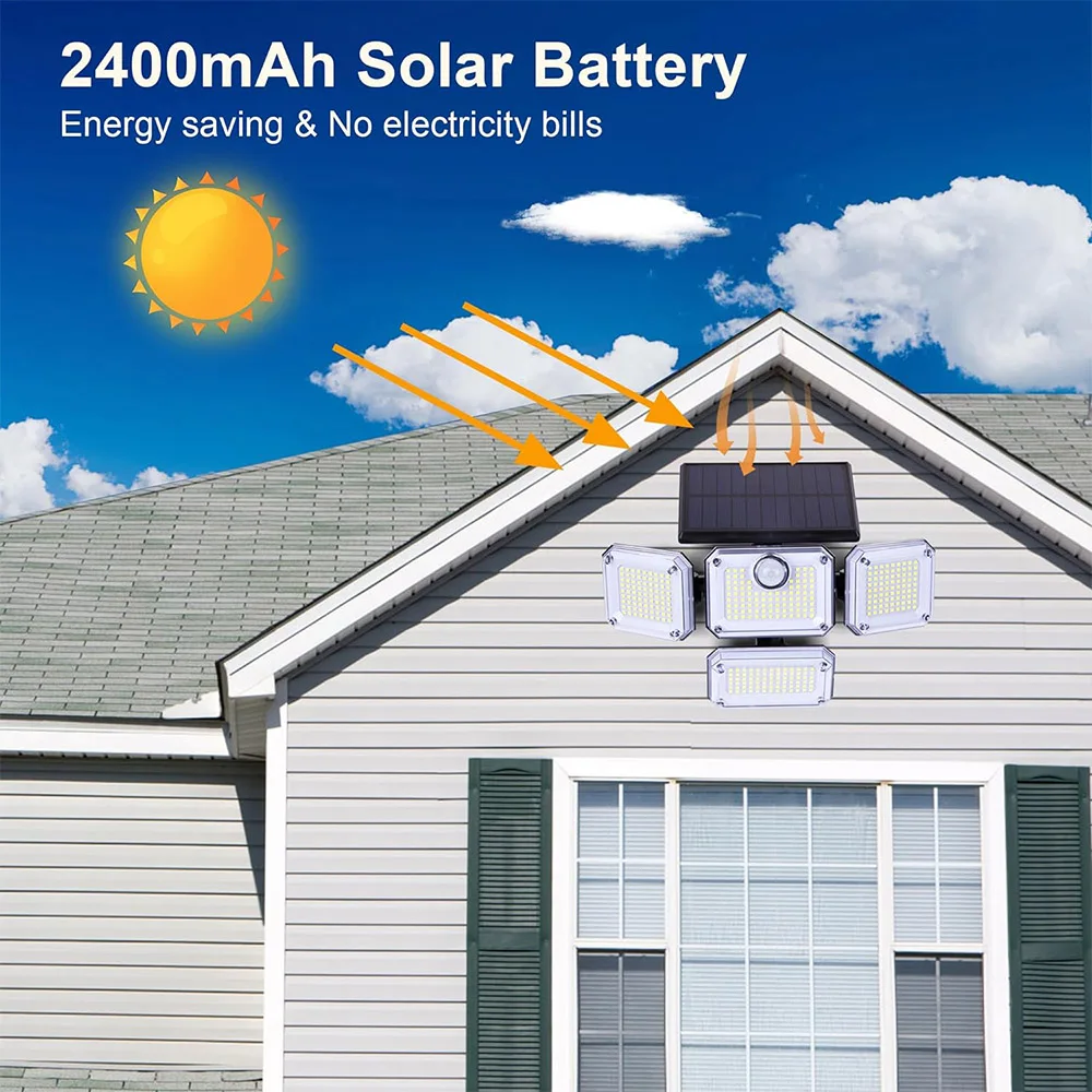 4 Head Solar Flood Lights Outdoor LED Security Lights with Remote Control 3 Modes Motion Sensor Lights for Porch Yard Garage