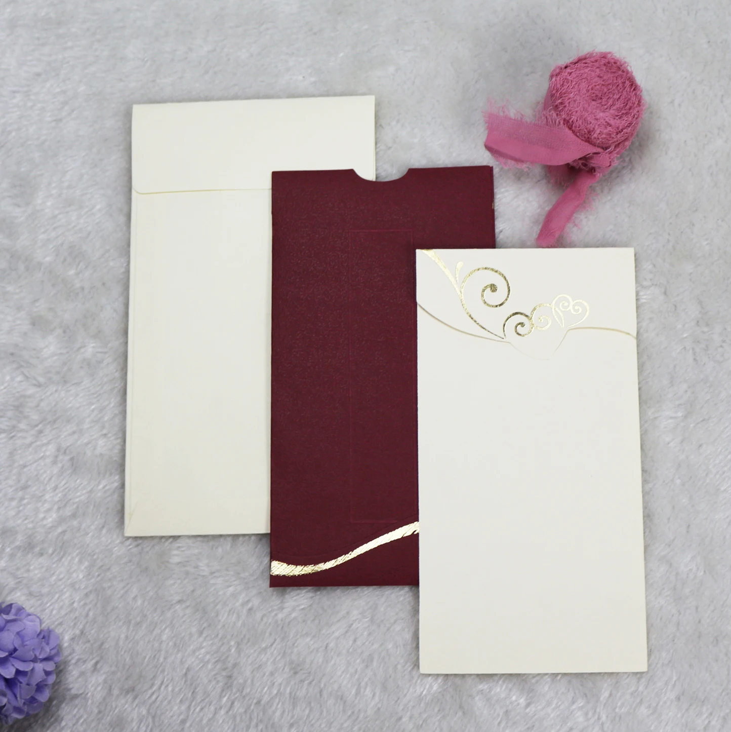 Wholesale Cheap Price Gold Foiling Wine Red Pocket African Vintage Wedding Invitation Set With Ribbon Bow