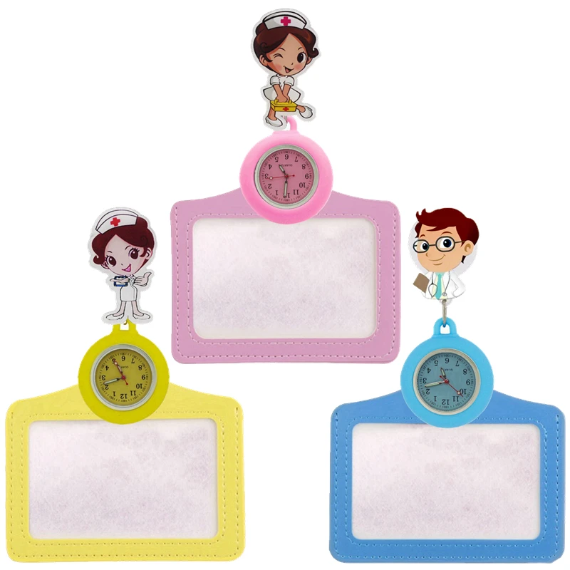 Fashion colorful unisex mens women nurse cartoon doctor pocket watches 2 in 1 Retractable Badge Reel Card Holder medical watches