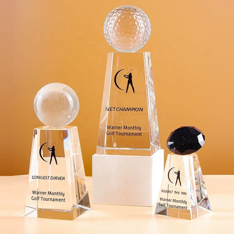 Blank Golf Tournament Trophy and Awards Crystal Glass Cricket Basketball Rugby Ball Medals Trophies Custom for Charity Souvenirs