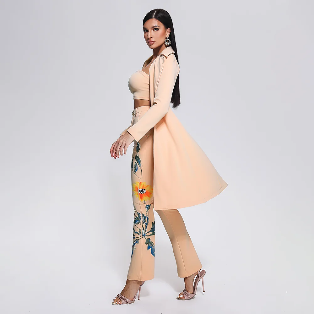 BEISHI Fashion Long Sleeve And Pants Flower Floral Print Three Piece Set Womens Suits And Blazer Ladies Suits Office Wear