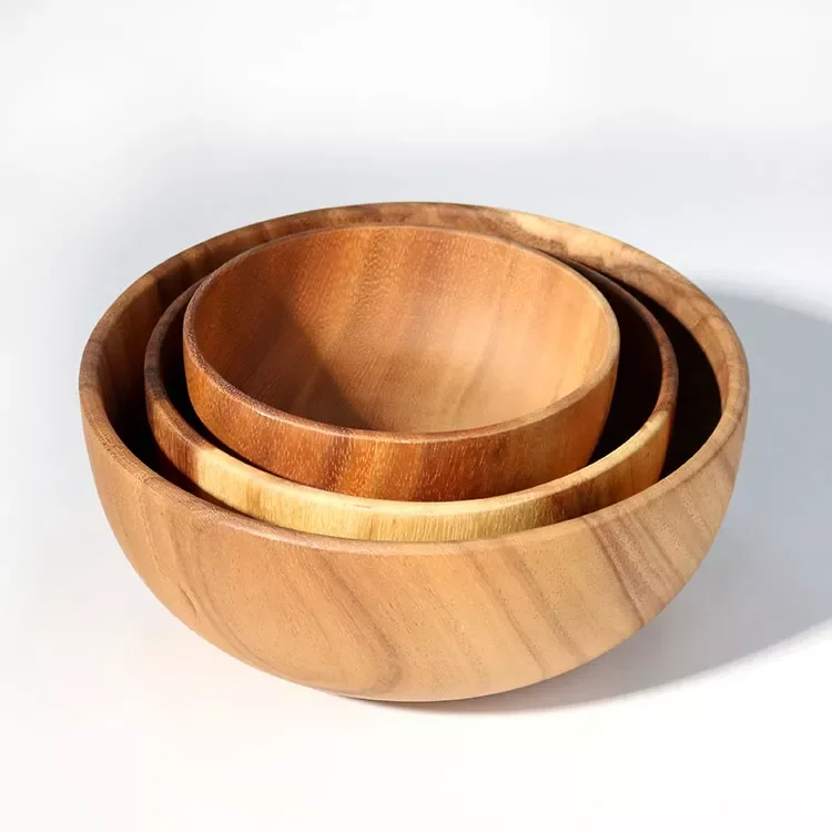 Natural Acacia Wooden Salad Serving Bowl Sets,Kitchen Round Vegetable Fruit Dough Soup Bowl