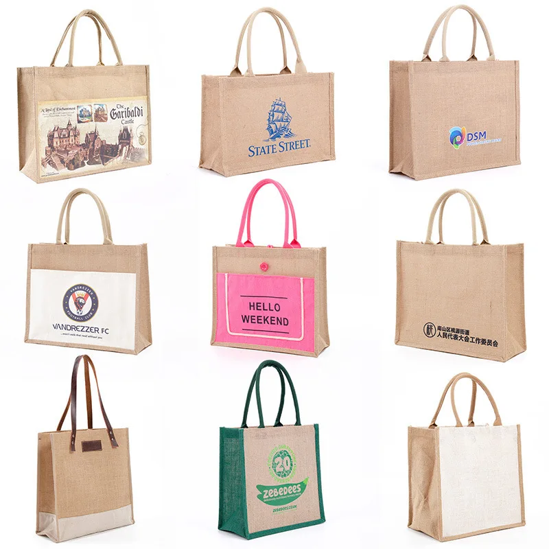 Custom Logo Eco Reusable Cloth Carrying Tote laminated PVC coated Gift grocery brown jute tote bag