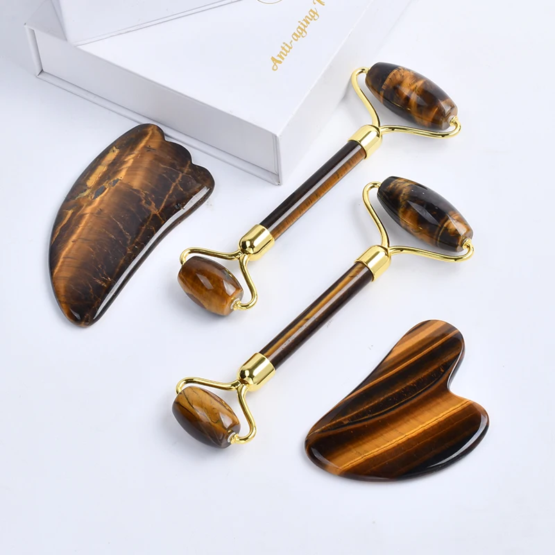 Natural Tiger Eye Gua Sha Set Wholesale Facial Massage Jade Roller And Gua Sha Tool Fast Delivery Face Roller Guasha Set