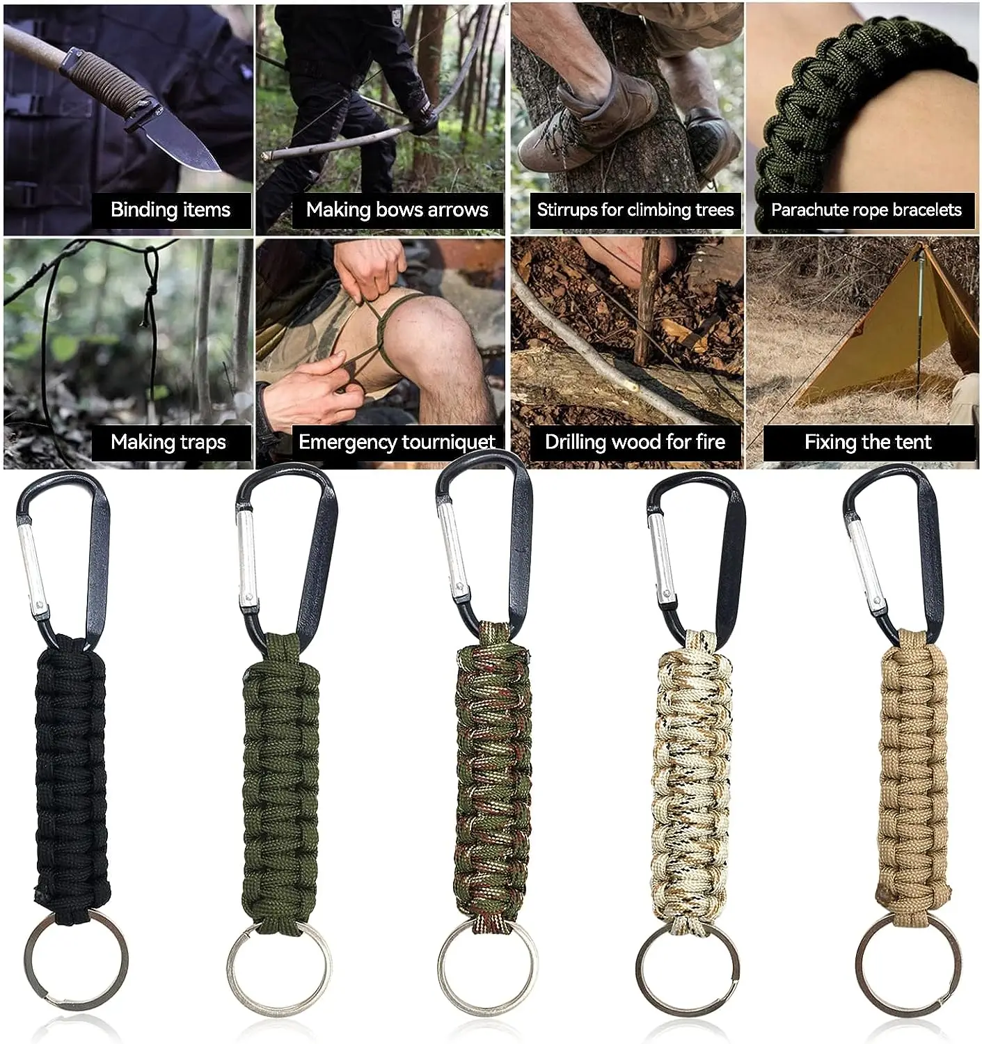 Anthrive Outdoor Men Camping 550lb Survival Metal Nylon Braided Lanyard Ring Hook Clip Paracord Keychains With Carabiner