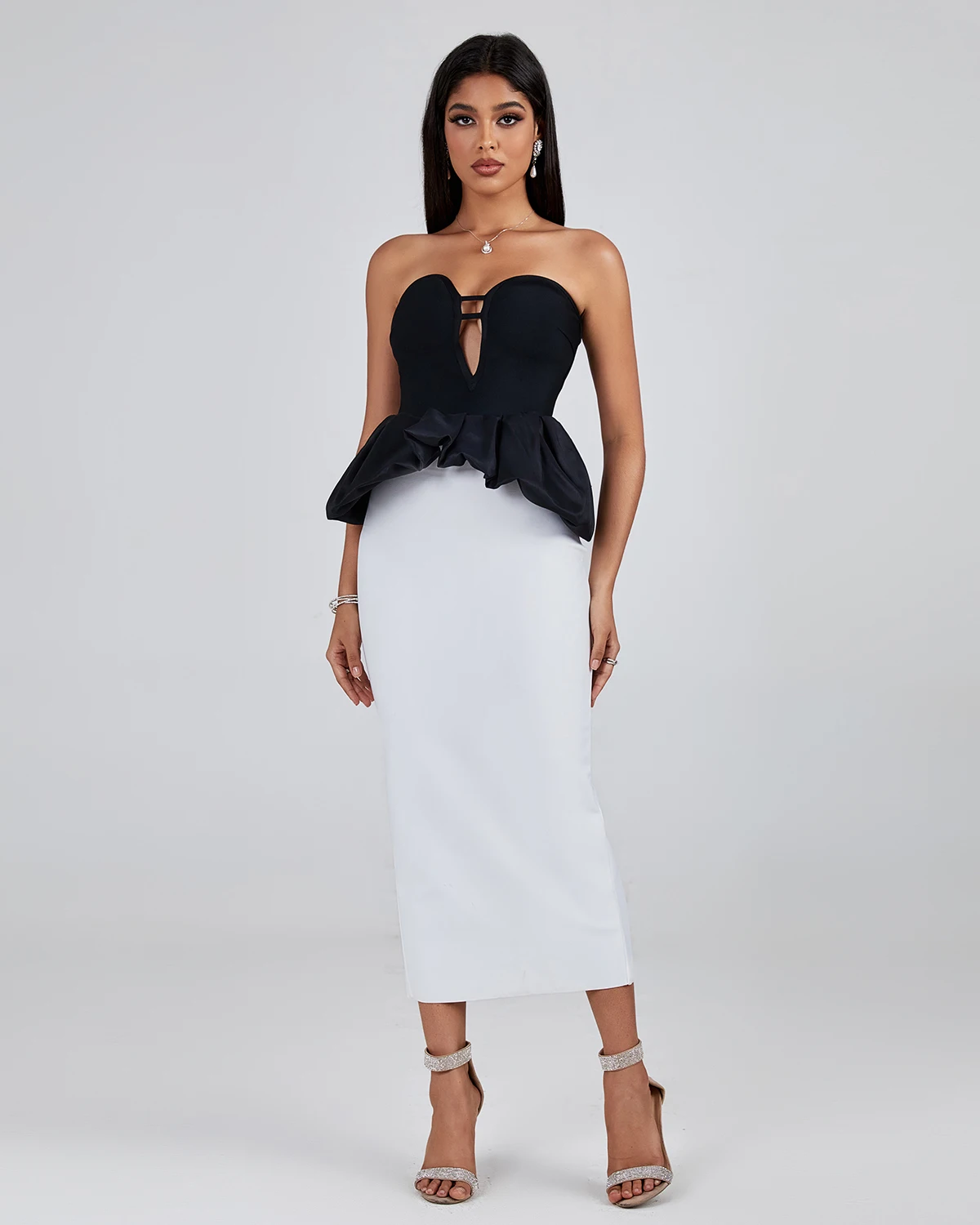 Ocstrade Fall 2023 Women Clothing Colorblock Strapless Black And White Off Shoulder Sexy Evening Dress Party Club