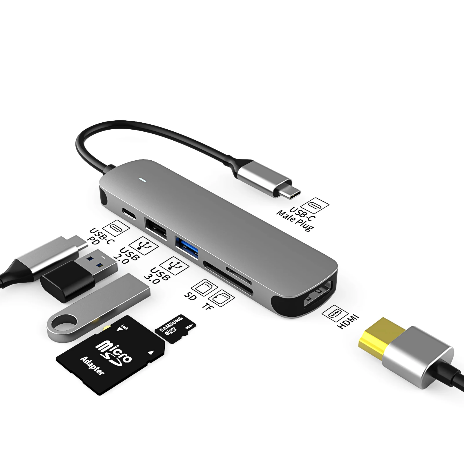 Type c hub 6 port Hot sale USB3.0 USB2.0  SD TF PD  HD-MI  Usb c hub Usb  Source Factory usb c hub with hd-mi