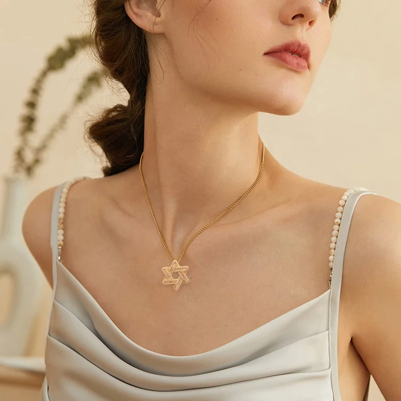 Custom Baguette Hexagram Star David Pendant  Religious 18K Gold Plated Geometric Hexagon Empty Star Pendant 925 Sterling Silver