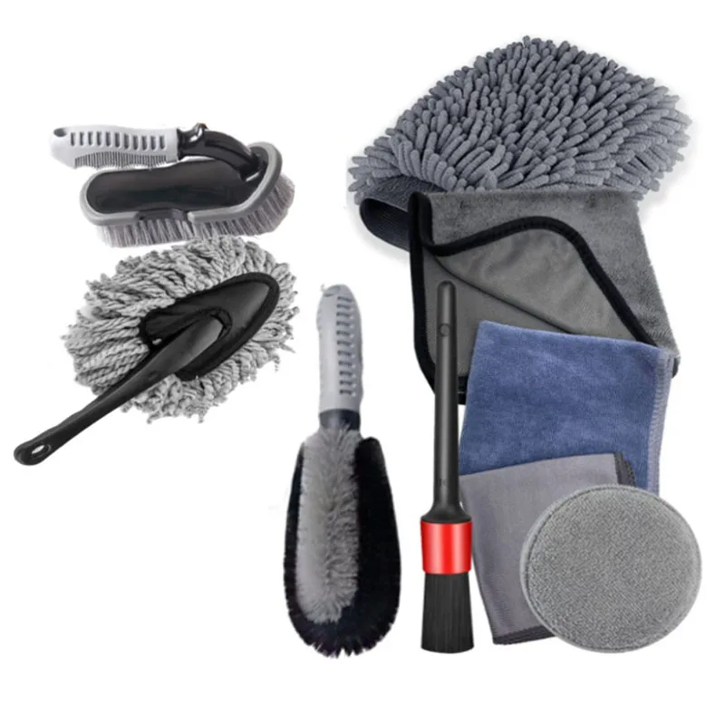 High Quality 9pcs Car Wash Brush Kit Cover Steel Wire Long Hair U-Shaped Wheel Tire Brush Cleaning Brushes