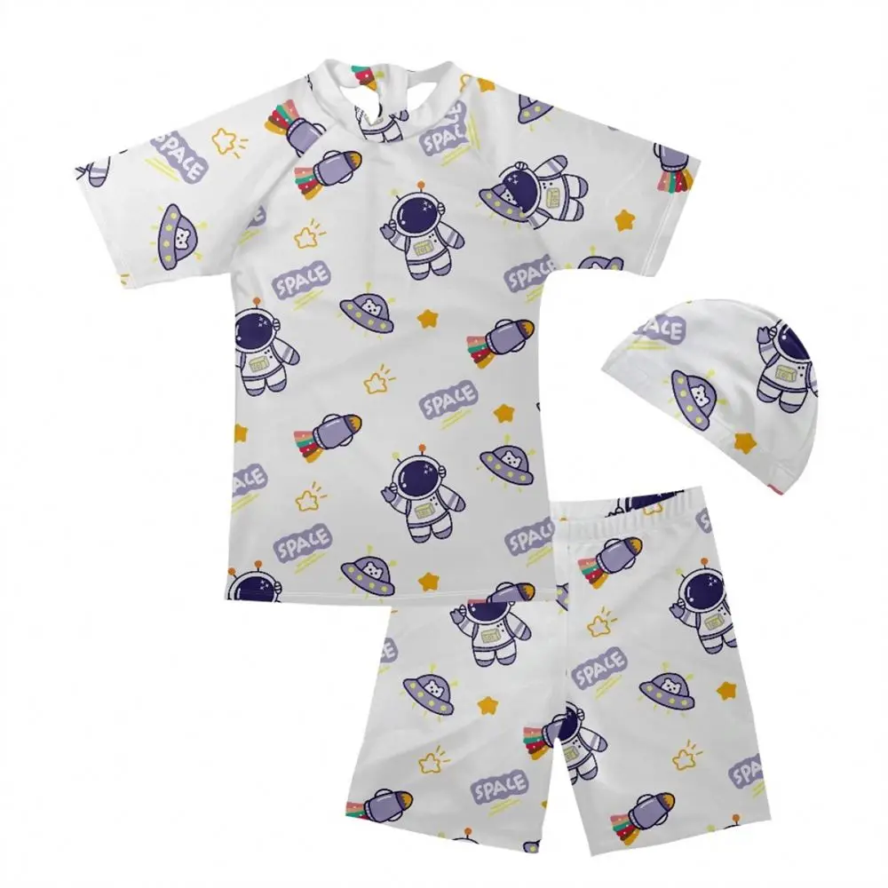 Custom Cartoon Astronaut NASA Moon Print Summer Short Sleeve Fashion Swimwear Beachwear Kids Arena Swimwear Racing Wholesale