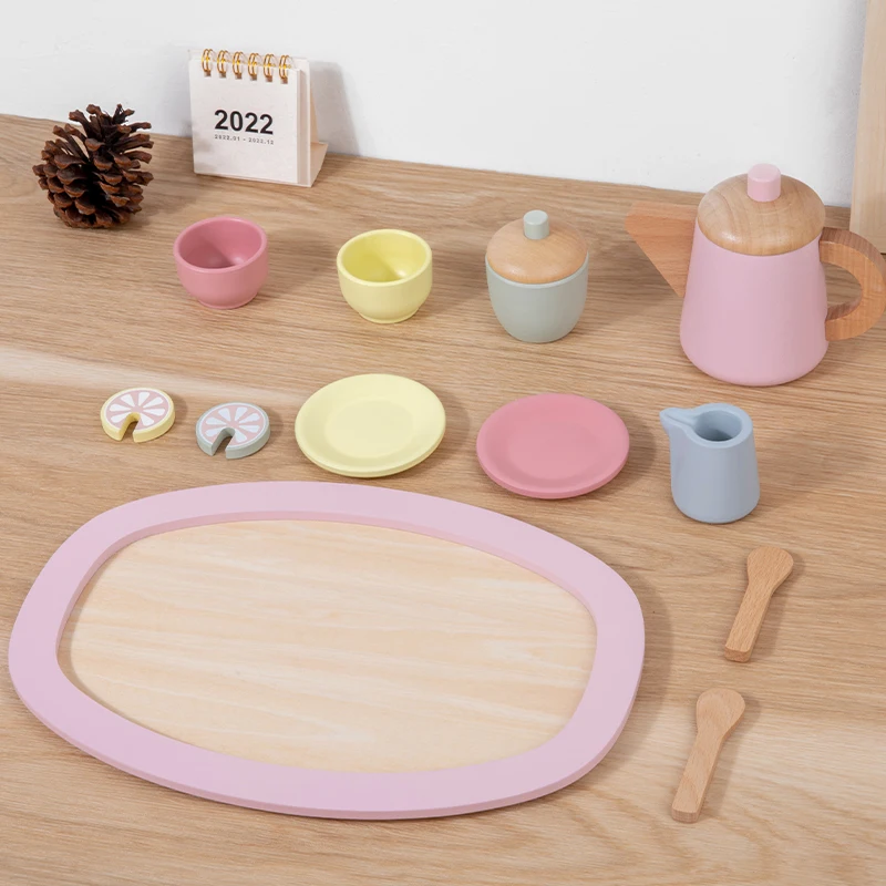 Wooden Tea Set for Playing, Wooden Toy Tea Set Kids, Wooden Play Kitchen Accessories Toddler Tea Set for Children, Gift for Tod