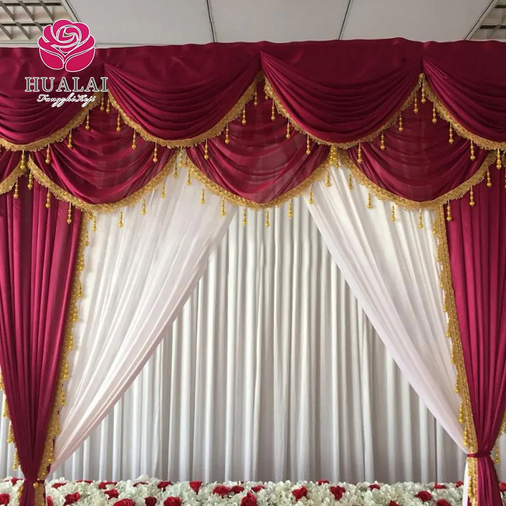 beatiful wonderful fancy wine red white tassels ice silk curtain drapes backdrop for wedding stage birthday party decoration