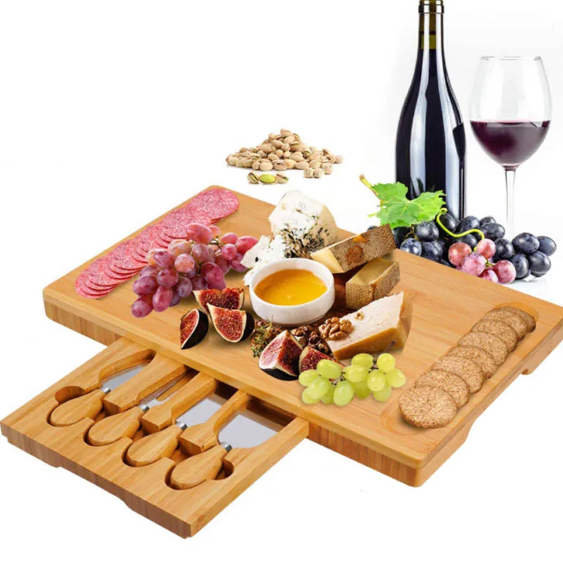 Bamboo Cheese Cutting Board Food Serving Tray Set Rectangle Shape Slide Draw Stainless Steel Cheese Knives Bamboo Snack Tray Set