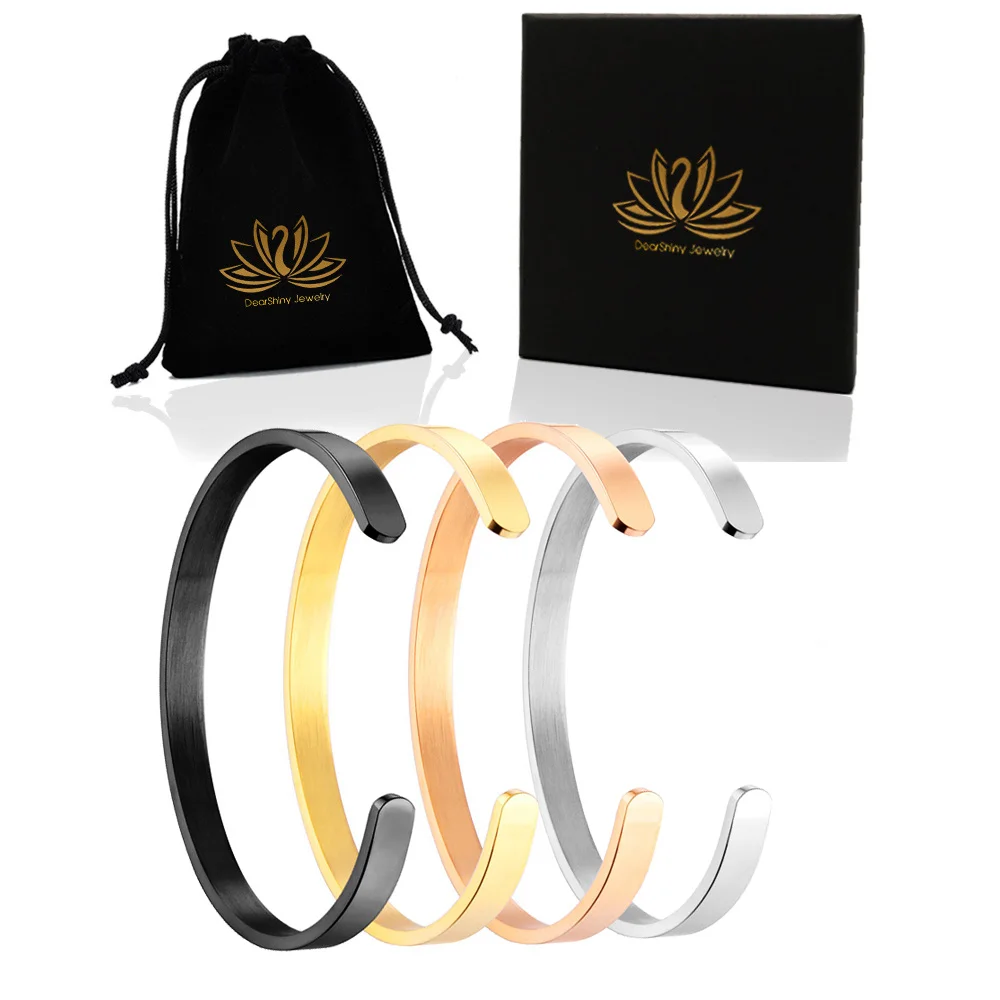 Blank Cuff Bangle Bracelet Stainless Steel Gold Plated 4 6 8mm Inspirational Letter Love Engravable with Jewelry Packaging Box