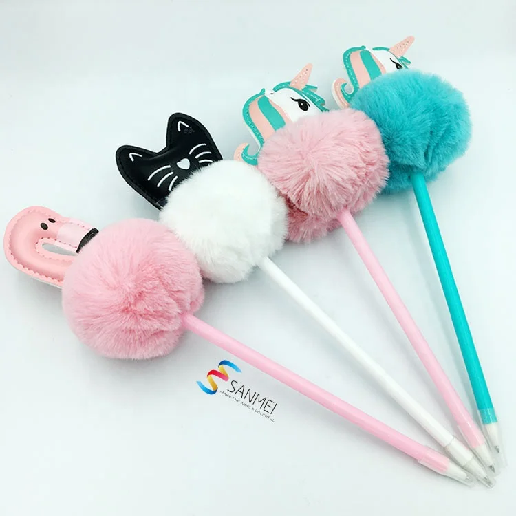 Promotional unicorn fluffy kawaii cute pompom pen for girl