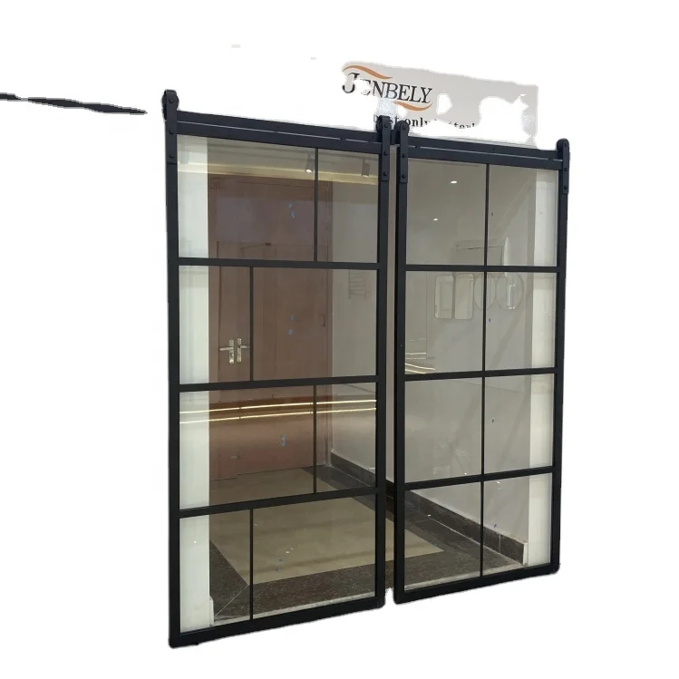 Hot Sales Metal Black Frame Tinted Glass Sliding Barn Door For Bathroom