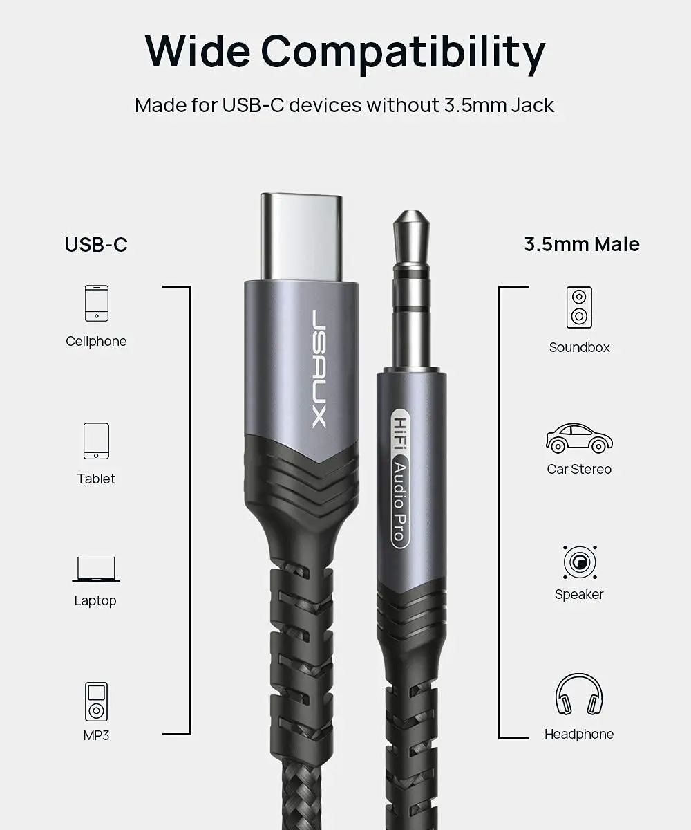 JSAUX USB C to 3.5mm Audio Aux Jack Cable Headphone Stereo Cord Car Compatible Cable for iPad Pro