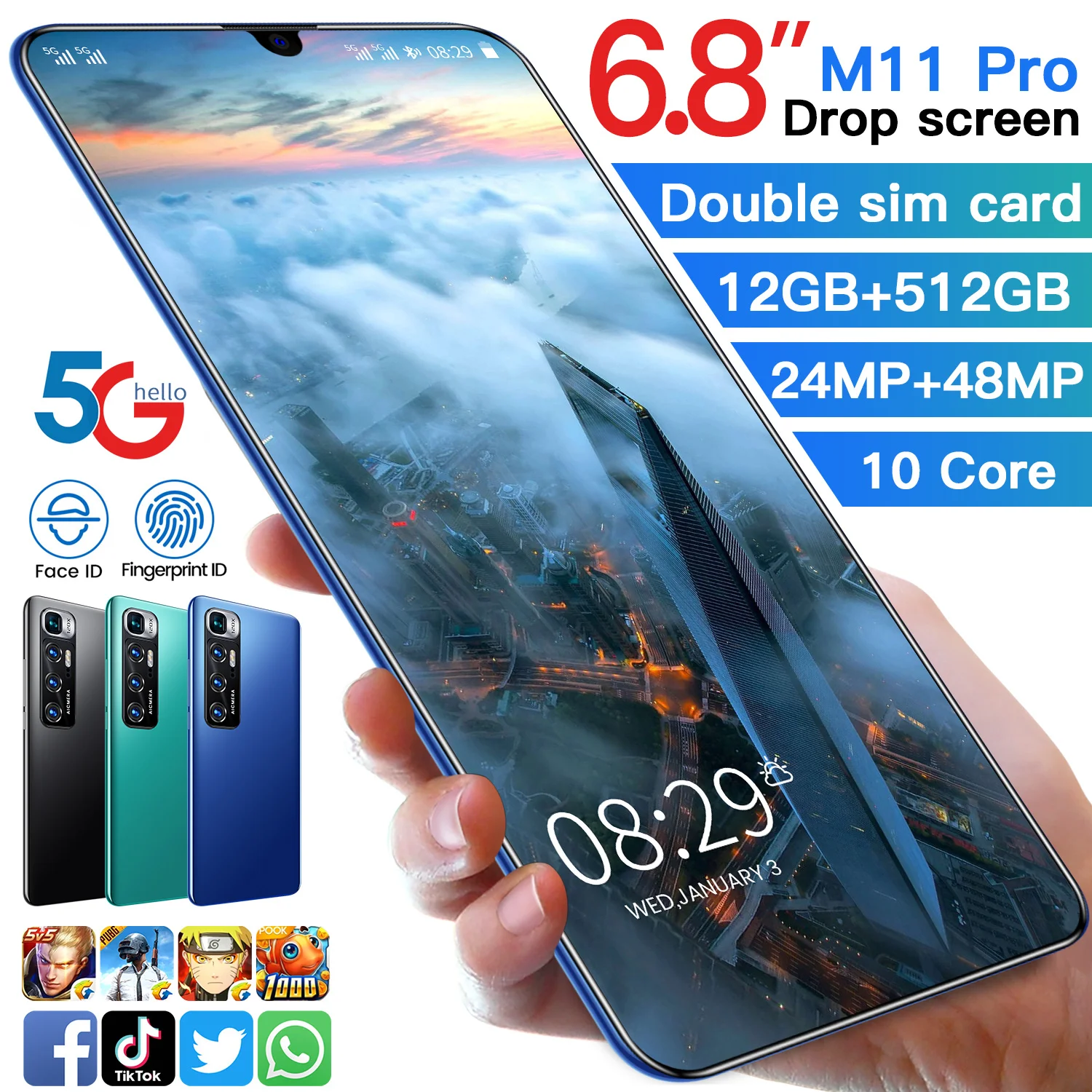  Разблокированный смартфон M11 Pro с функцией распознавания лица и двумя SIM-картами Android 2021 12 Гб + 10 0 ГБ 512 дюйма новинка 6