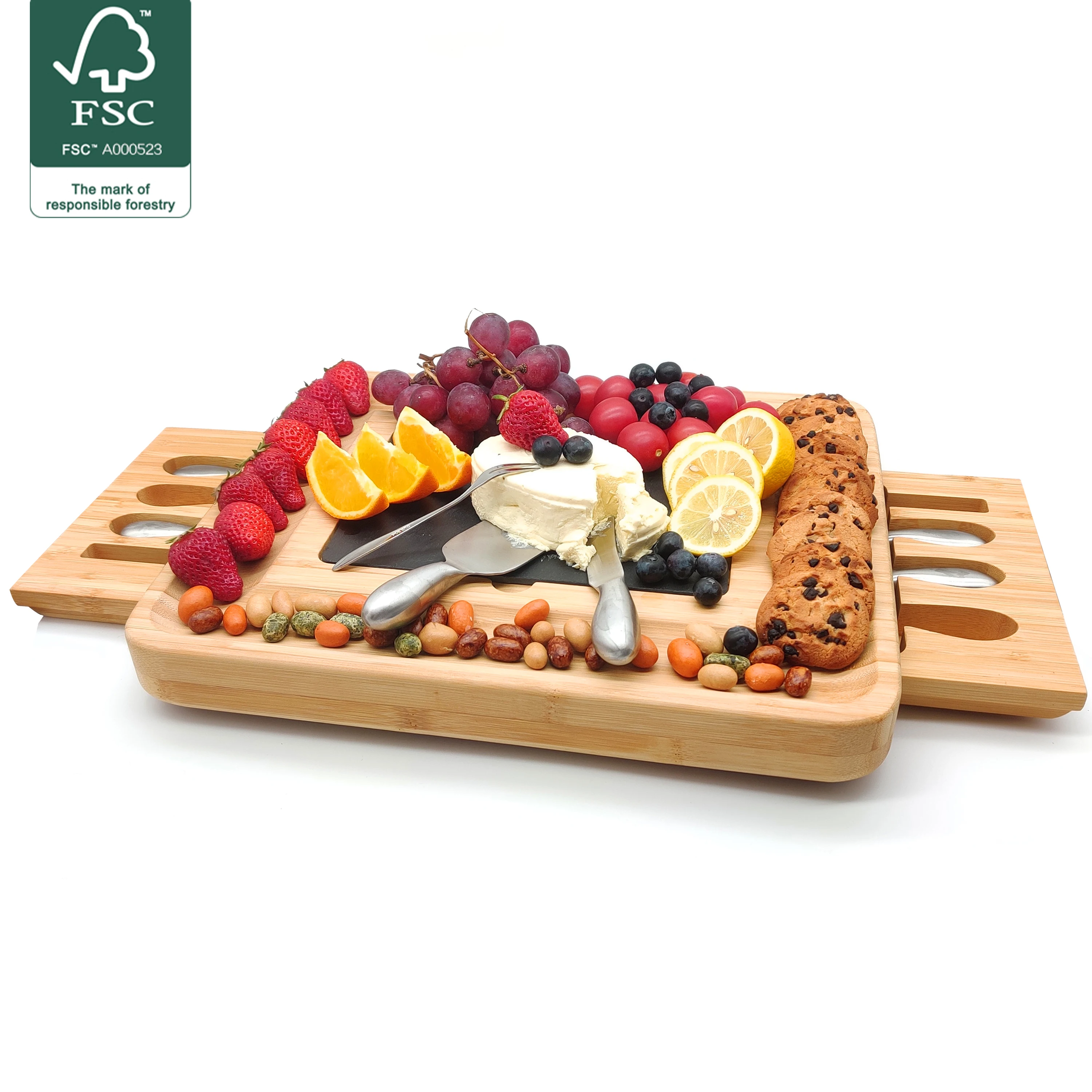 Large Bamboo Cheese Cutting Plates Board Set and Knife Set With Hidden Slide Drawers Wood Charcuterie Platter Board