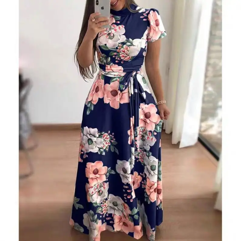 Women Summer Casual Long Dress Boho Floral Print Maxi Dress Turtleneck Bandage Elegant Dresses