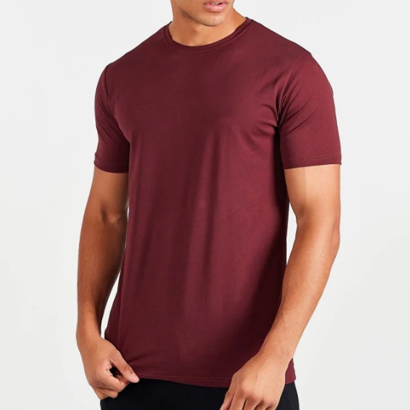 High quality luxury mens round neck t-shirt logo printing full burgundy T-shirt