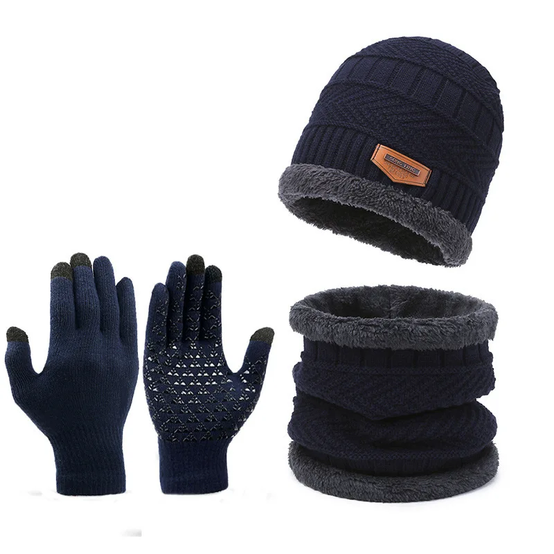 Soft Thicken Wool Ski Hat Men Neck Warm Winter Wool Hat Set Men Beanie Knitted Gloves Scarf Set